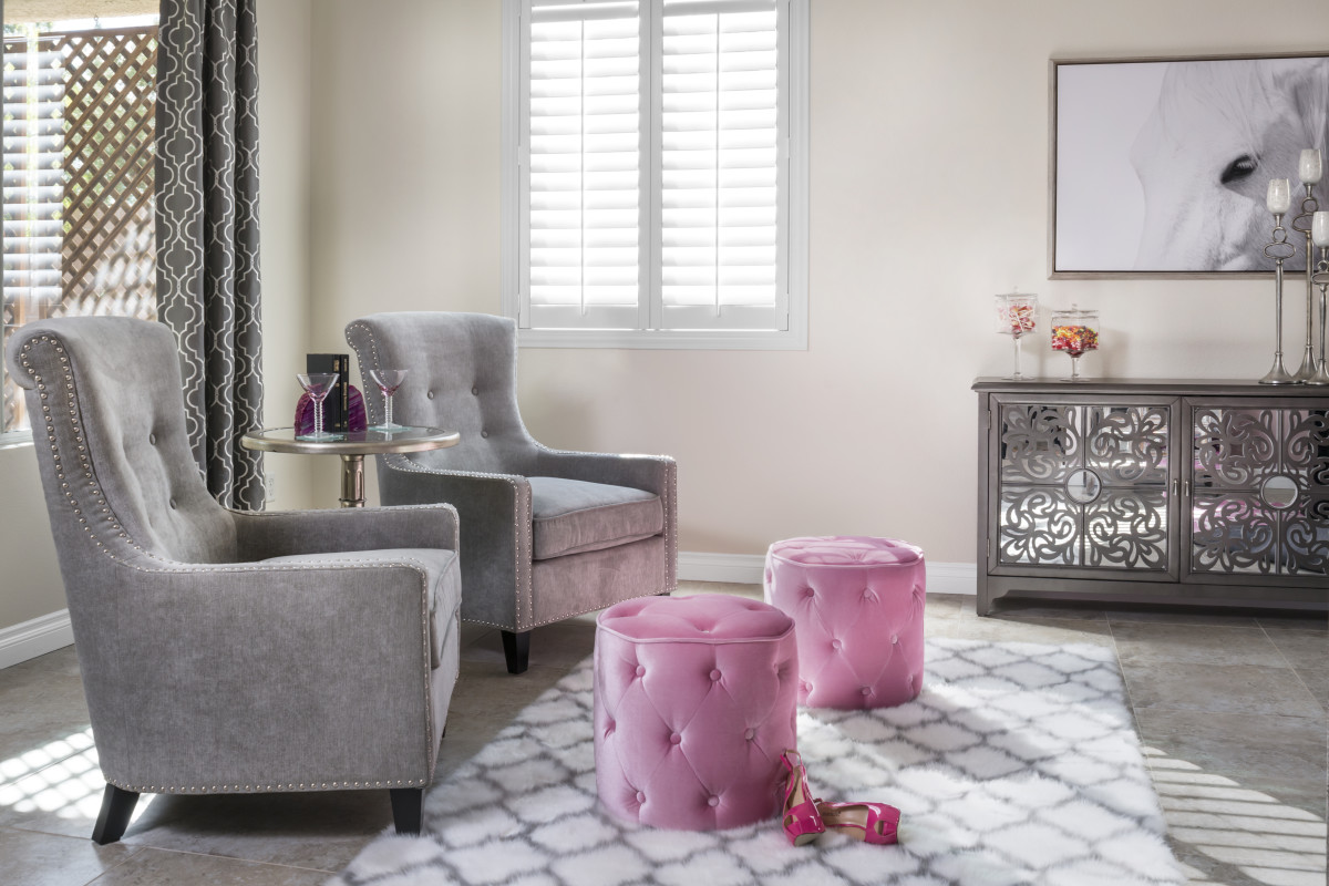 Chicago pink living room with shutters